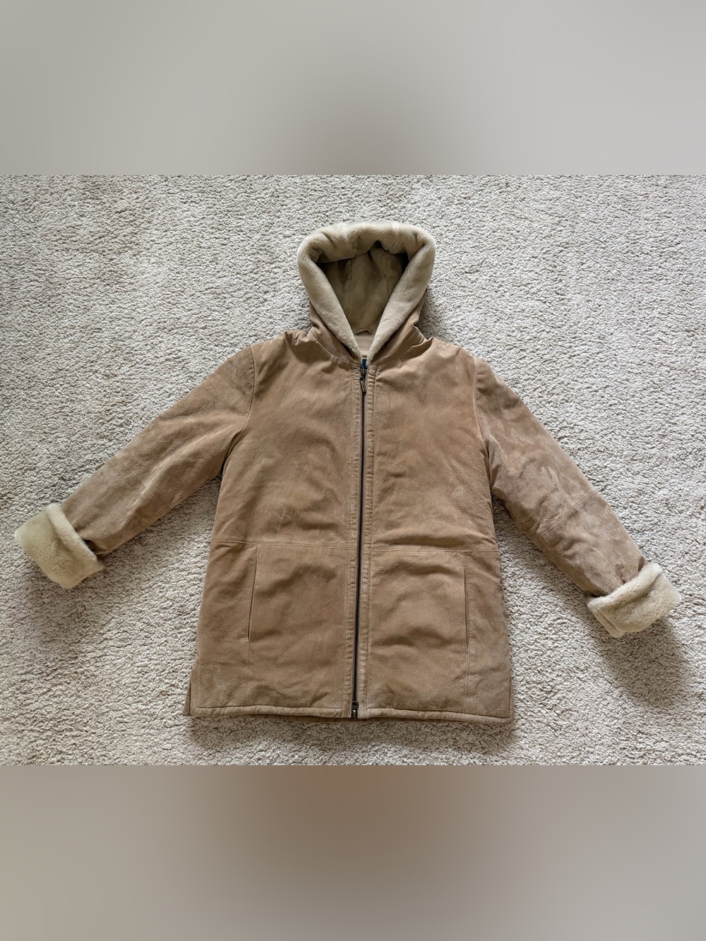 London Fog Tan Genuine Leather Hooded Zip Lined Mid-Length Jacket Women's M